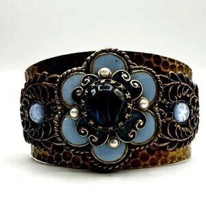 Ollipop brass & blue flower cuff bracelet